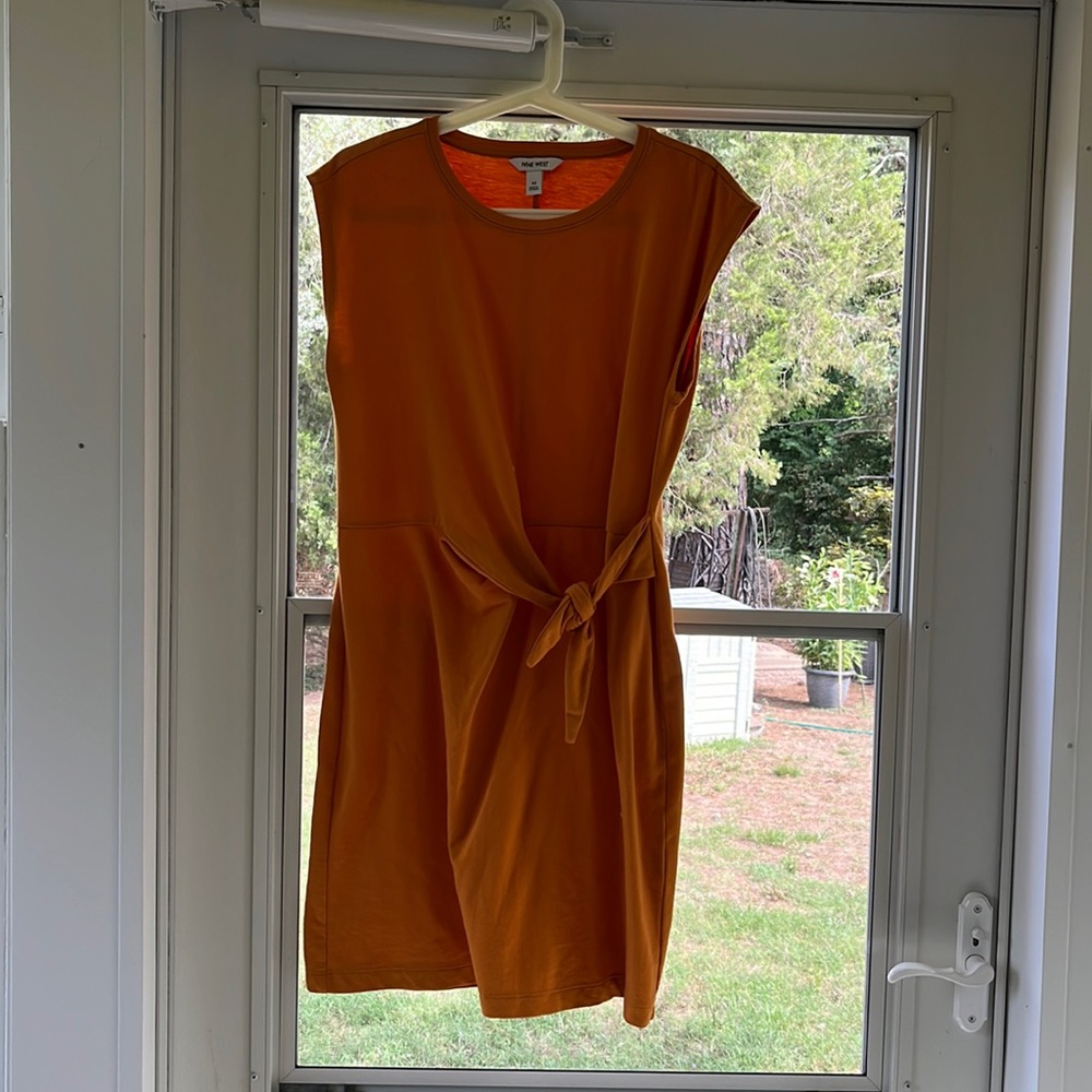 Mustard yellow Nine West side knot dress mid length small cap sleeve
